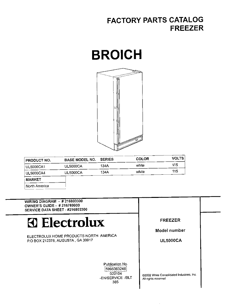 COVER Diagram and Parts List for UL5000CA1  Frigidaire Freezer