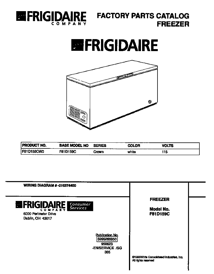 COVER Diagram and Parts List for F81D159CW0  Frigidaire Freezer