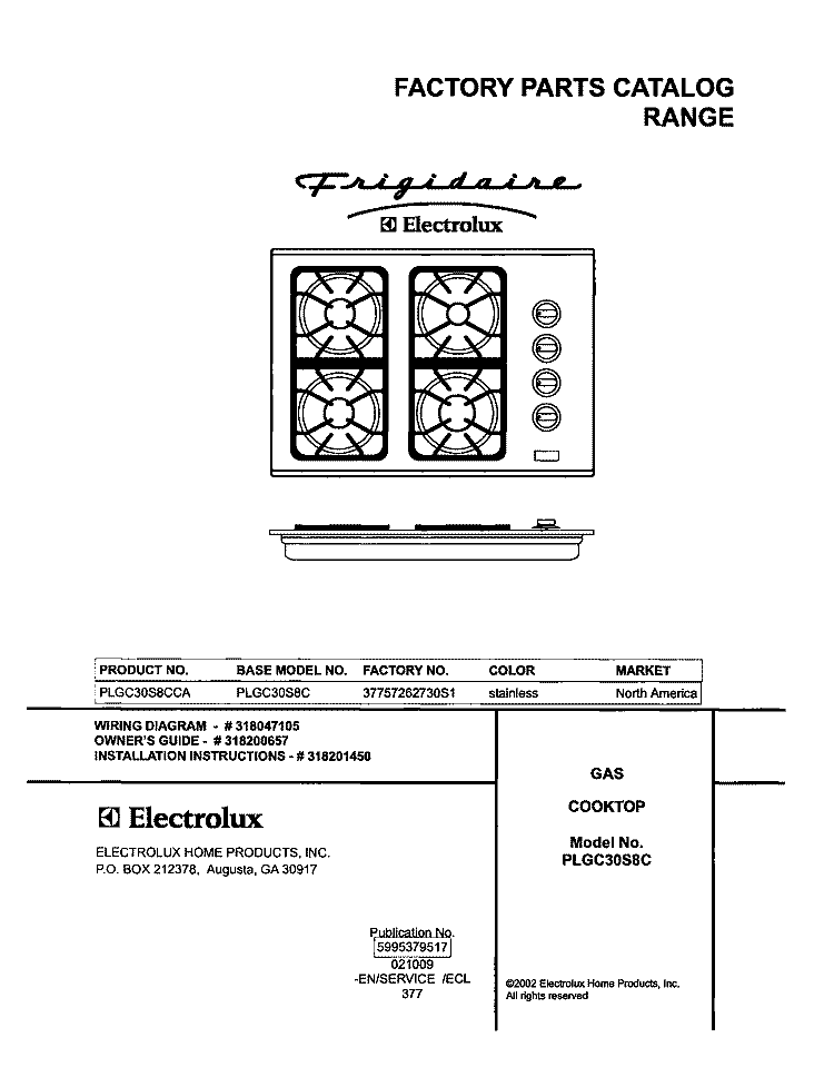 COVER Diagram and Parts List for PLGC30S8CCA  Frigidaire Cooktop