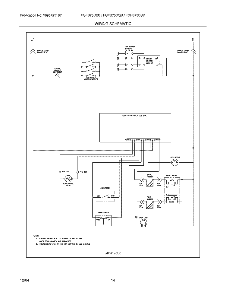 WIRING SCHEMATIC Diagram and Parts List for FGFB75DBB  Frigidaire Range