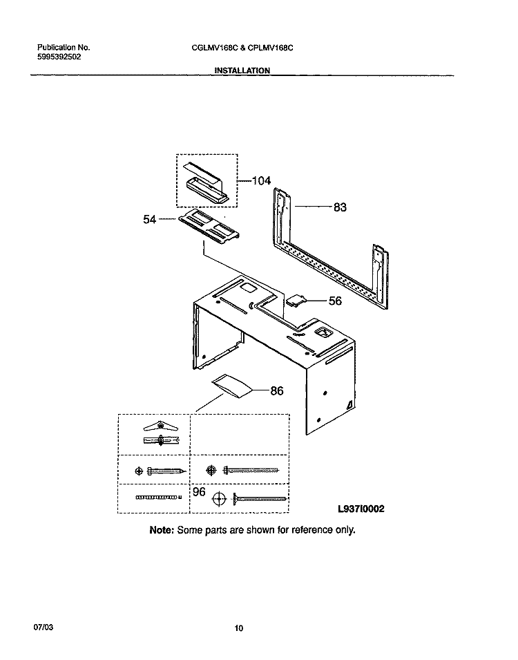 INSTALLATION Diagram and Parts List for CGLMV168CQ1  Frigidaire Microwave