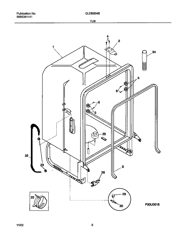 TUB Diagram and Parts List for GLDB954BS1  Frigidaire Dishwasher