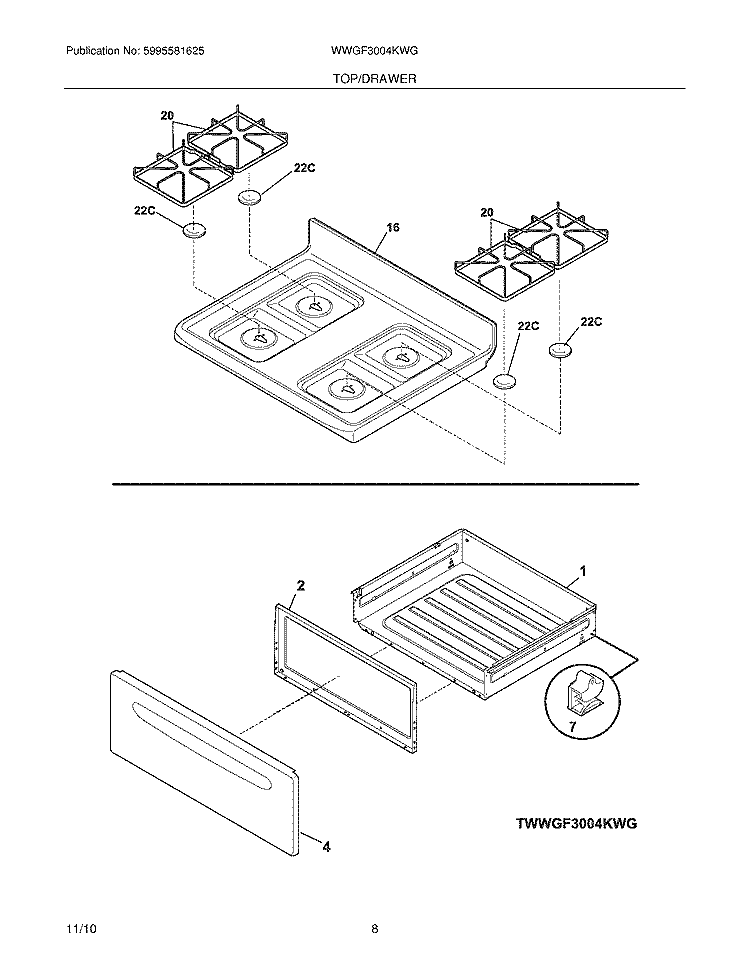 TOP/DRAWER Diagram and Parts List for WWGF3004KWG  Westinghouse Range