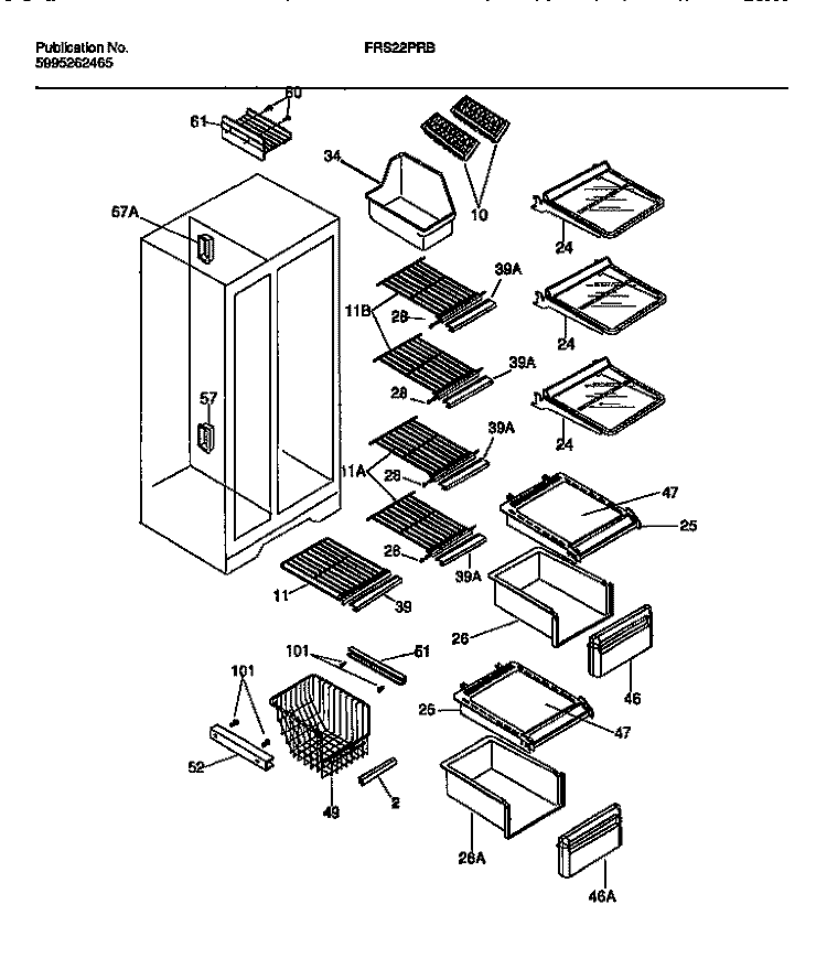 SHELVES, WATER TANK, 3 - DOOR MULLION Diagram and Parts List for FRS22PRBD1  Frigidaire Refrigerator