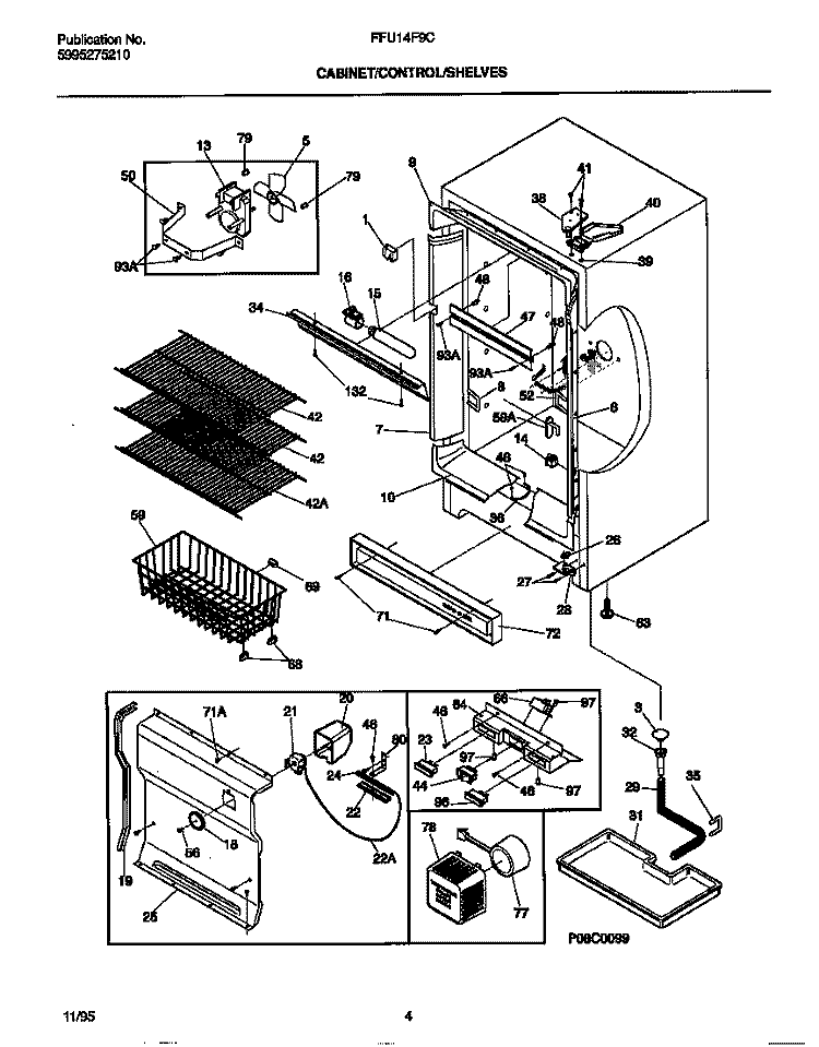 CABINET / CONTROL / SHELVES Diagram and Parts List for FFU14F9CW1  Frigidaire Freezer