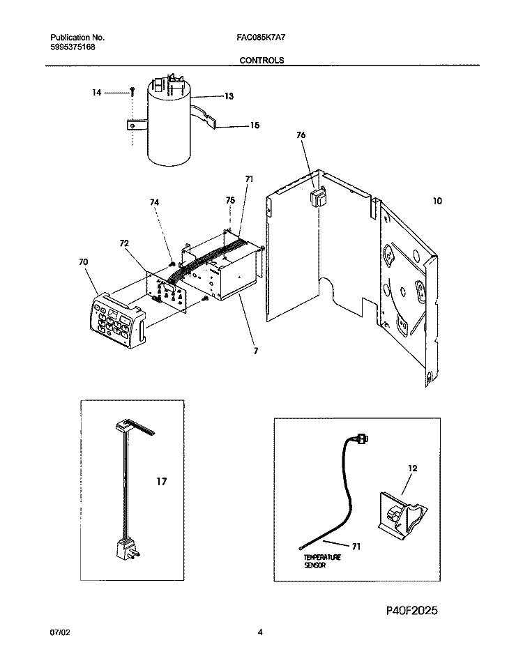 CONTROLS Diagram and Parts List for FAC085K7A7  Frigidaire Air Conditioner