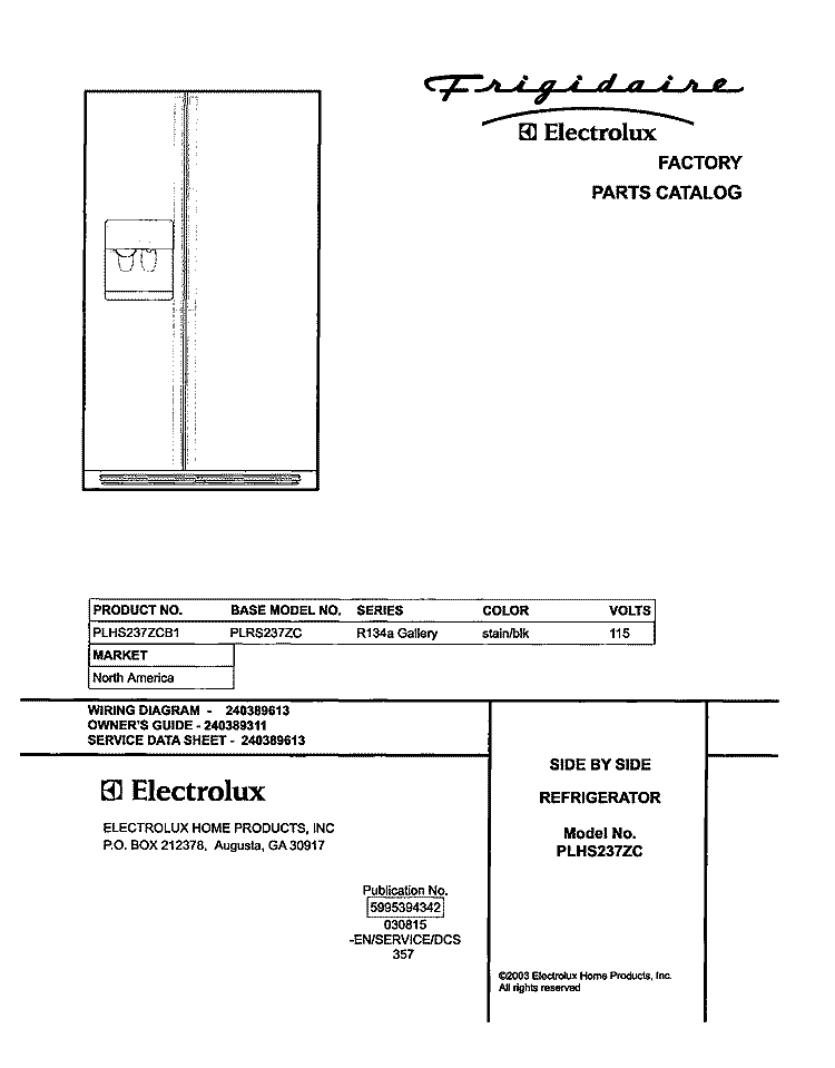 COVER Diagram and Parts List for PLHS237ZCB1  Frigidaire Refrigerator