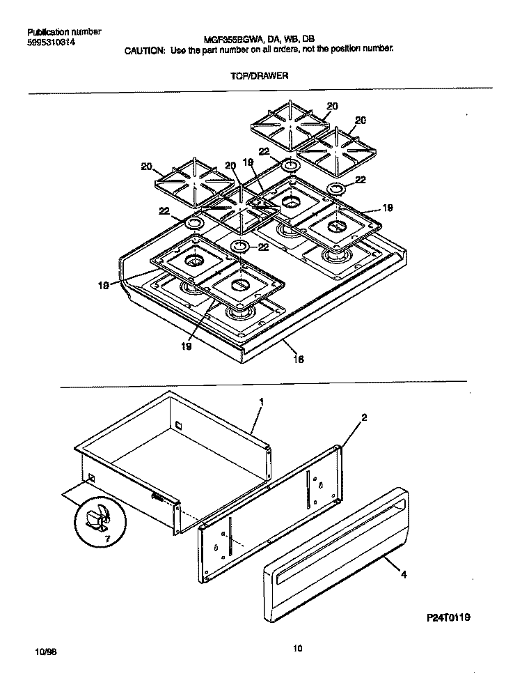 TOP / DRAWER Diagram and Parts List for MGF355BGDB  Frigidaire Range