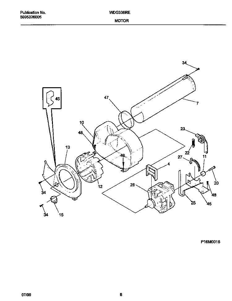 P16M0016 MOTOR, BLOWER Diagram and Parts List for WDG336RED0  Frigidaire Dryer