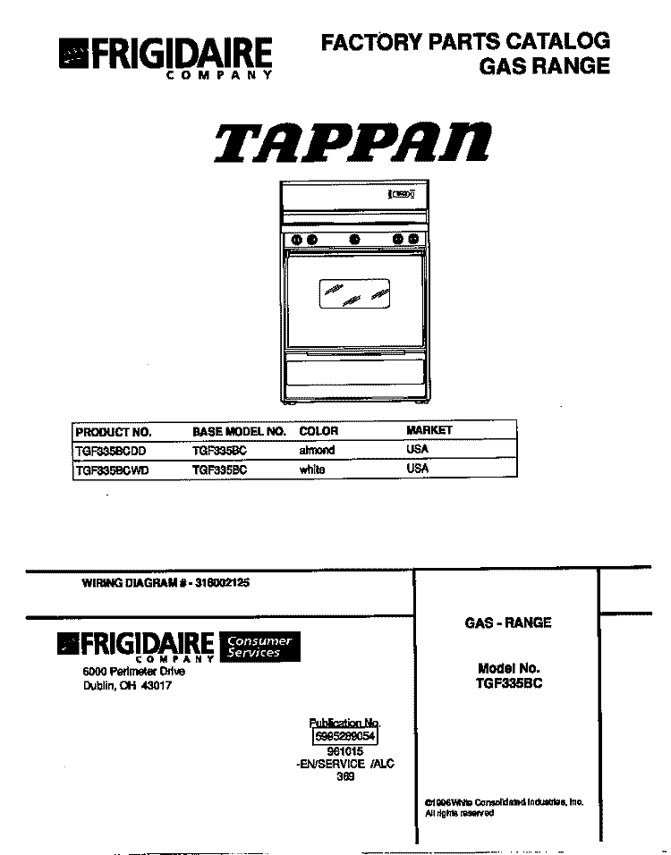COVER Diagram and Parts List for TGF335BCWD  Tappan Range