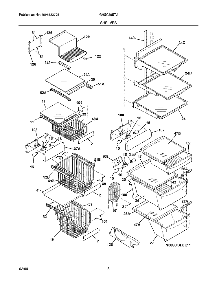 SHELVES Diagram and Parts List for GHSC39ETJB3  Frigidaire Refrigerator
