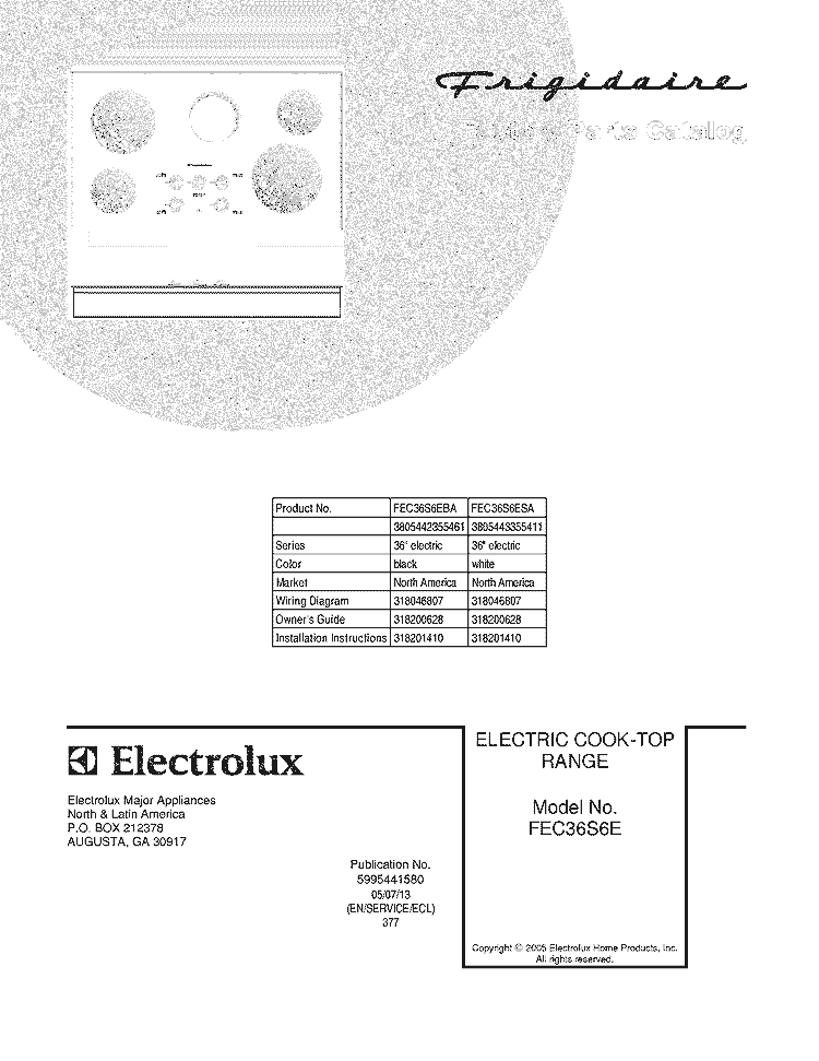COVER Diagram and Parts List for FEC36S6ESA  Frigidaire Cooktop