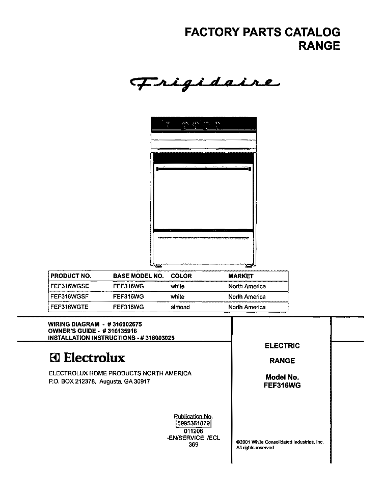 COVER Diagram and Parts List for FEF316WGTE  Frigidaire Range