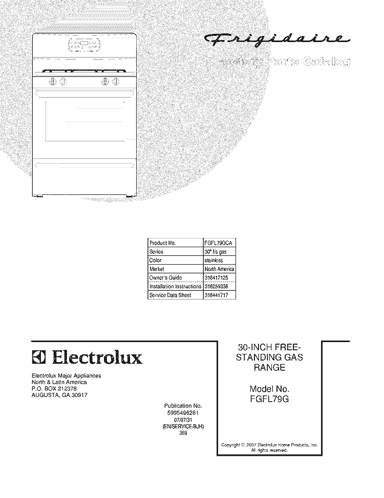 COVER Diagram and Parts List for FGFL79GCA  Frigidaire Range