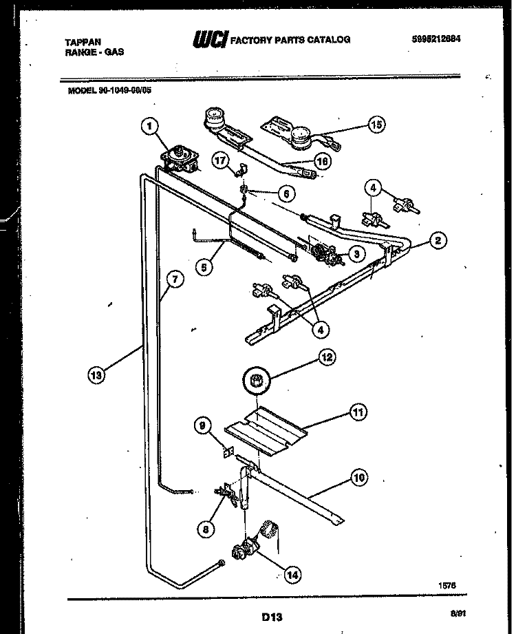 BURNER, MANIFOLD AND GAS CONTROL Diagram and Parts List for 30-1049-23-05  Tappan Range