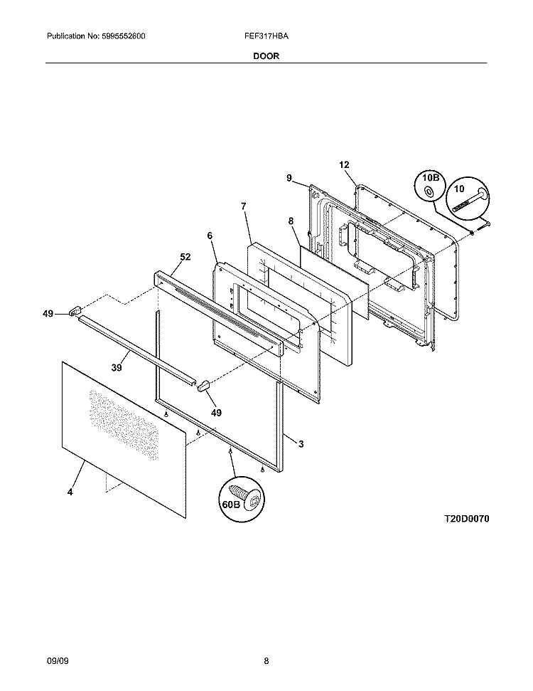 DOOR Diagram and Parts List for FEF317HBA  Frigidaire Range