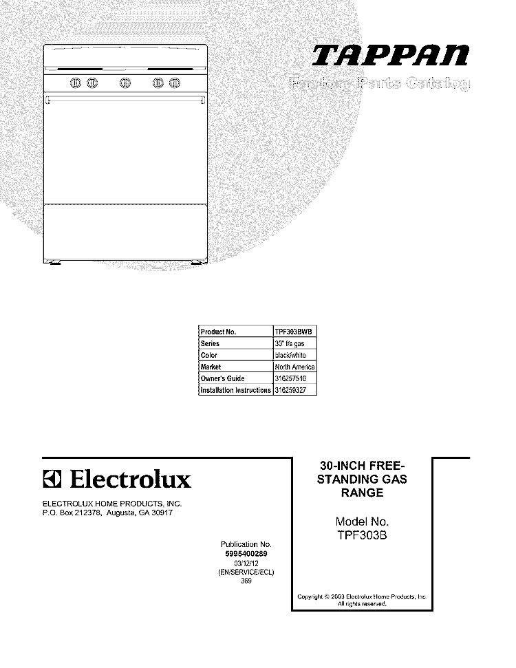 COVER Diagram and Parts List for TPF303BWB  Tappan Range