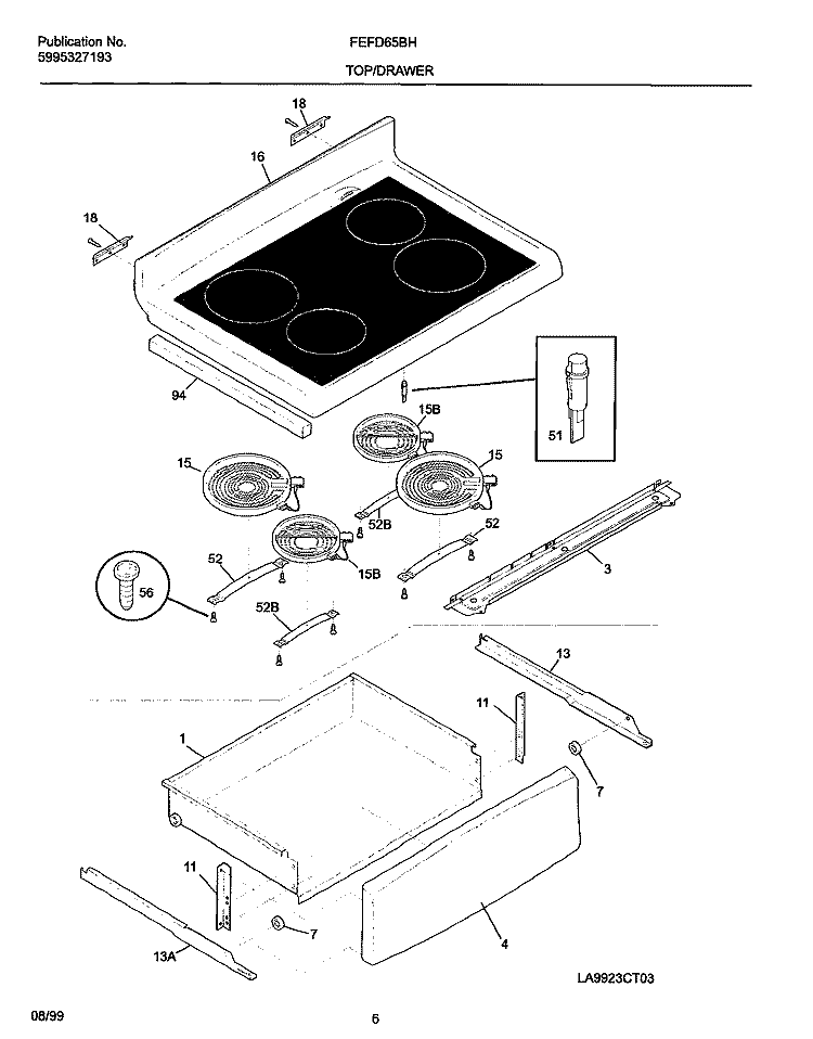 TOP / DRAWER Diagram and Parts List for FEFD65BHDB  Frigidaire Range
