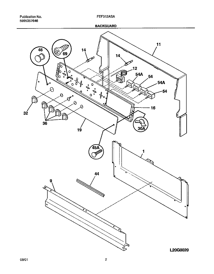BACKGUARD Diagram and Parts List for FEF312ASA  Frigidaire Range