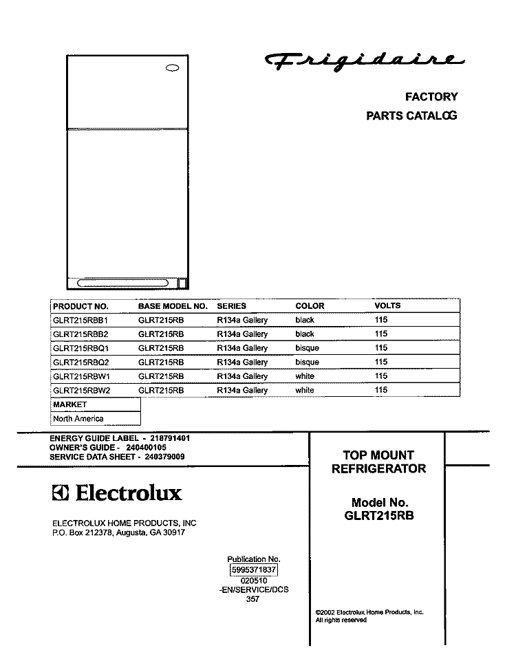 COVER Diagram and Parts List for GLRT215RBQ2  Frigidaire Refrigerator