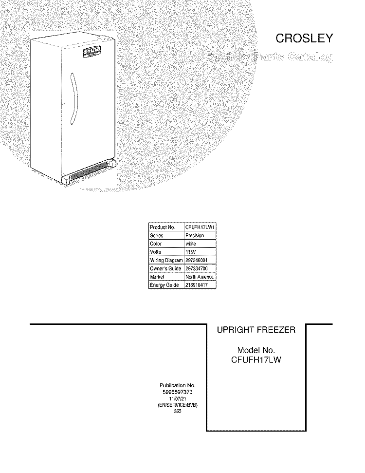 COVER Diagram and Parts List for CFUFH17LW1  Crosley Freezer