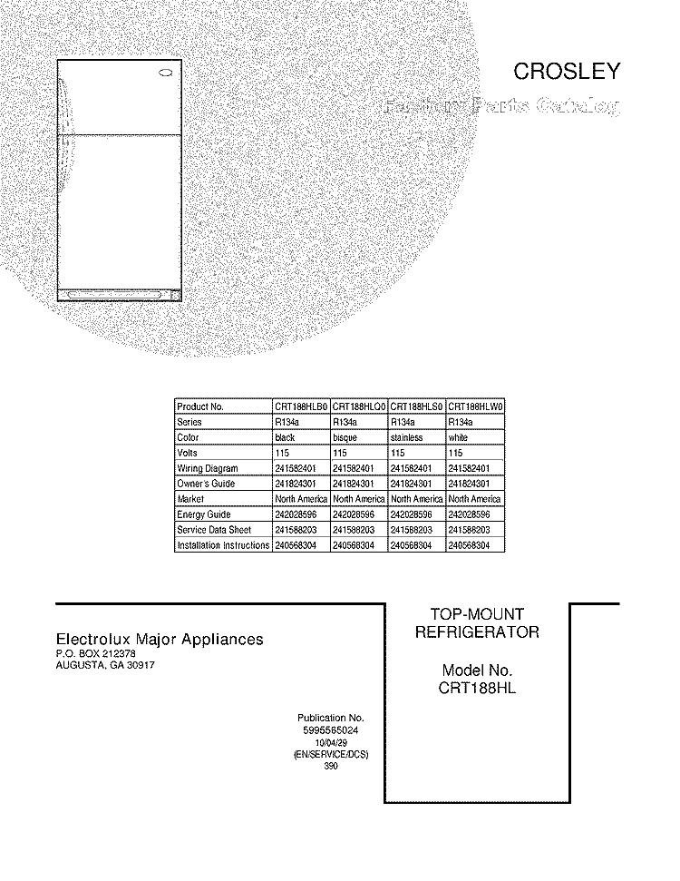 COVER Diagram and Parts List for CRT188HLQ0  Crosley Refrigerator