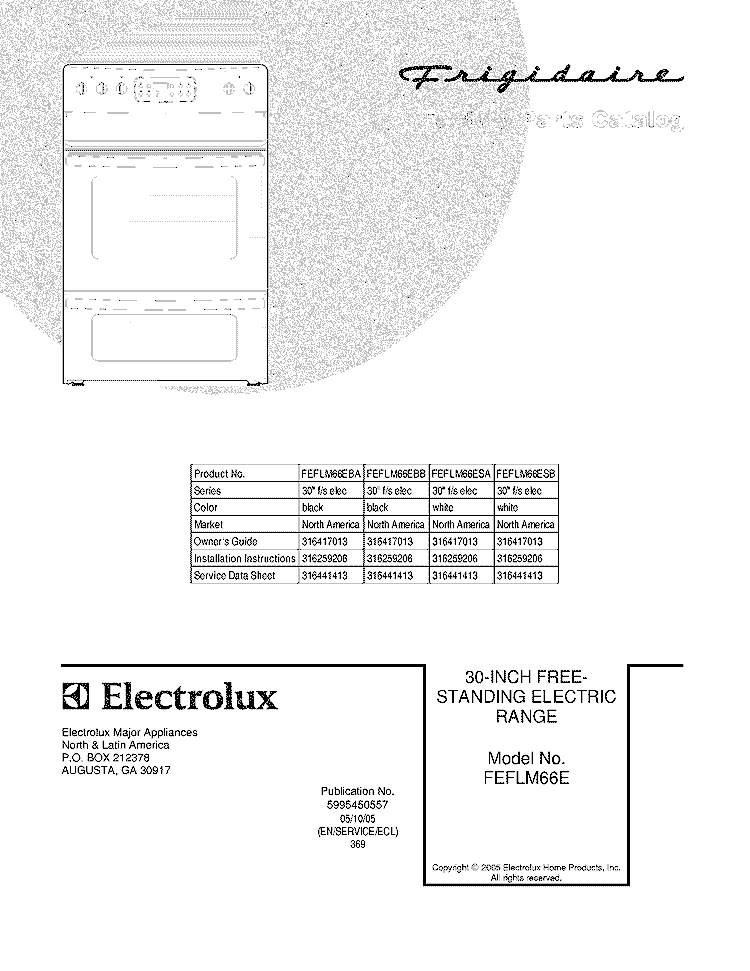 COVER Diagram and Parts List for FEFLM66EBA  Frigidaire Range