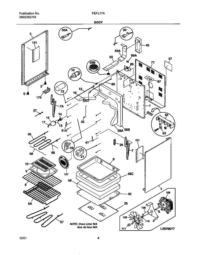 BODY Diagram and Parts List for FEFL77ABD  Frigidaire Range