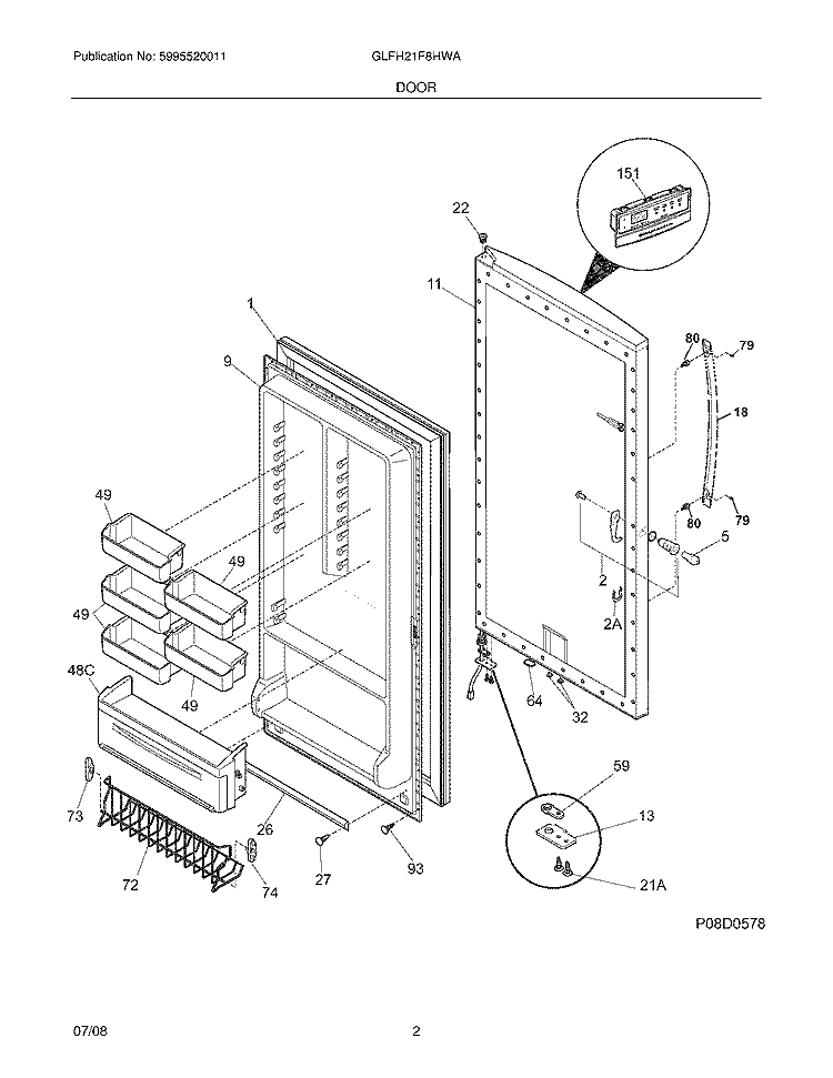 DOOR Diagram and Parts List for GLFH21F8HWA  Frigidaire Freezer