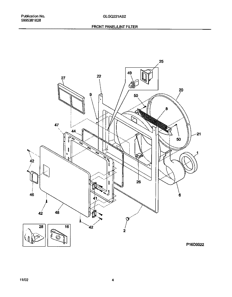 FRONT PANEL / LINT FILTER Diagram and Parts List for GLGQ221AS2  Frigidaire Dryer