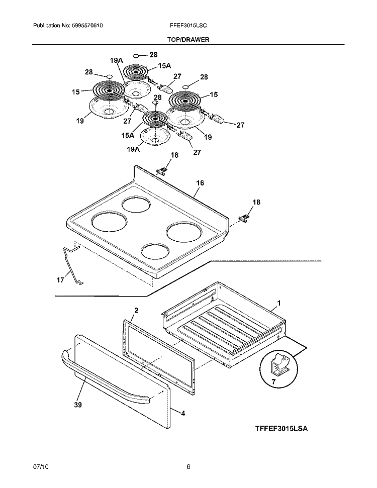 TOP/DRAWER Diagram and Parts List for FFEF3015LSC  Frigidaire Range