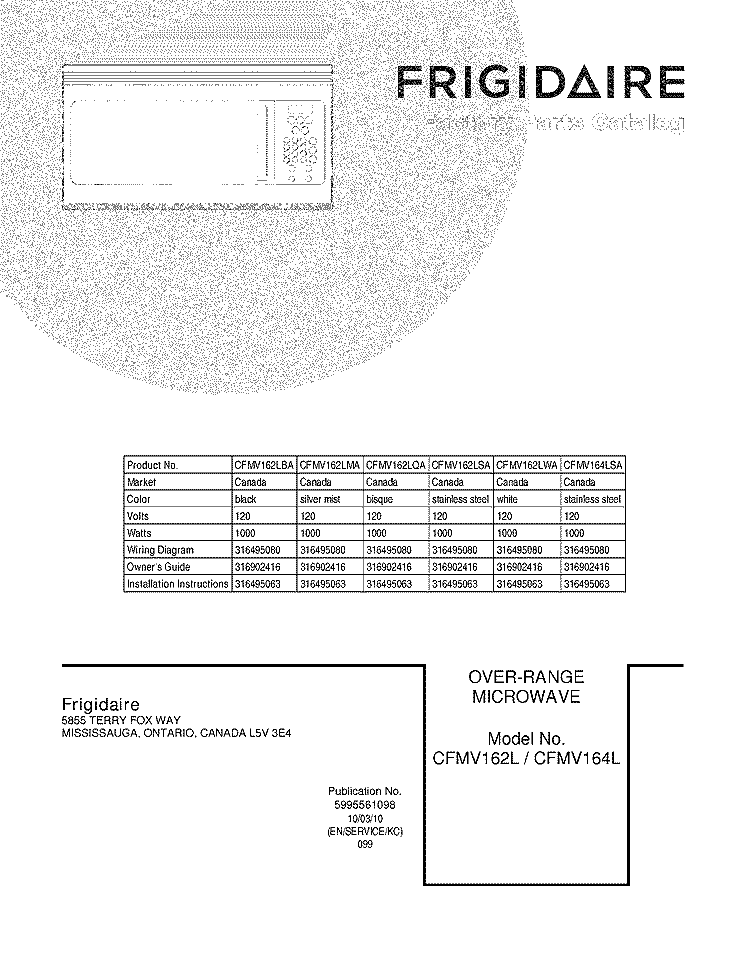 COVER Diagram and Parts List for CFMV162LQA  Frigidaire Microwave