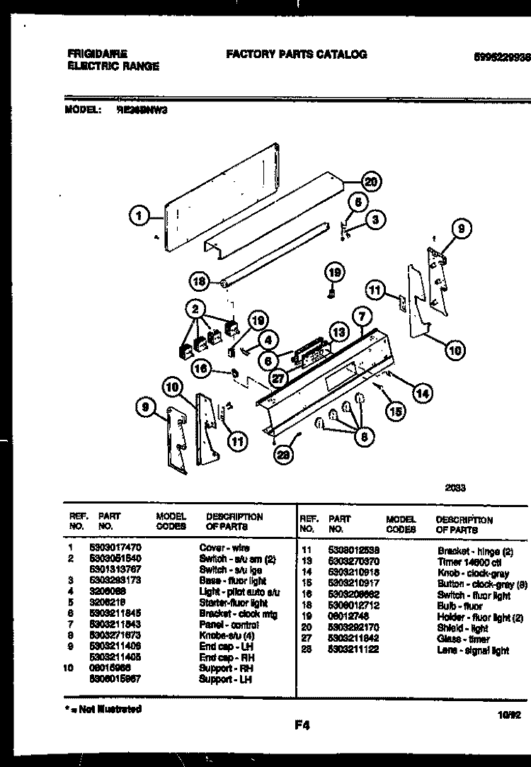 CONTROL PANEL Diagram and Parts List for RE36BNL3  Frigidaire Range