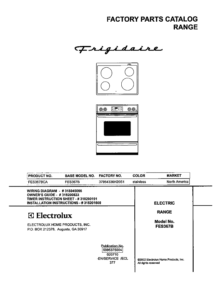 COVER Diagram and Parts List for FES367BCA  Frigidaire Range