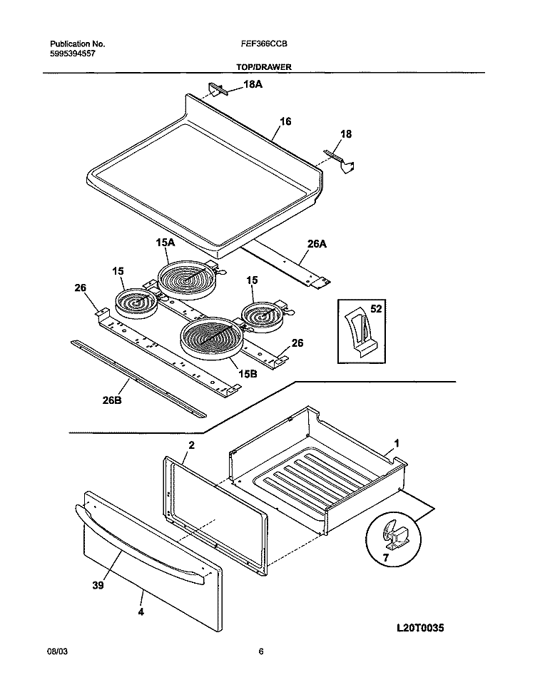 TOP / DRAWER Diagram and Parts List for FEF366CCB  Frigidaire Range