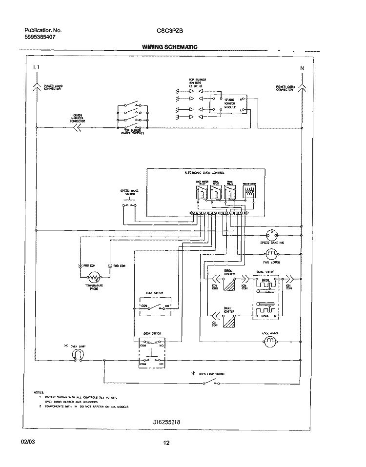 WIRING SCHEMATIC Diagram and Parts List for GSG3PZBBC  Frigidaire Range