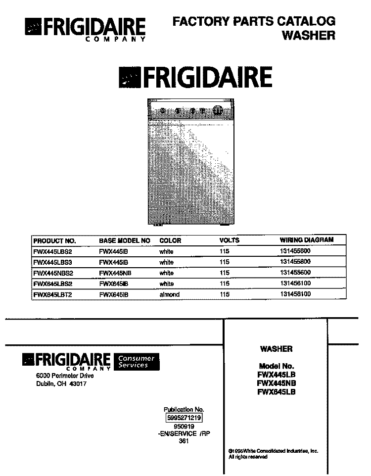 COVER Diagram and Parts List for FWX445NBS2  Frigidaire Washer