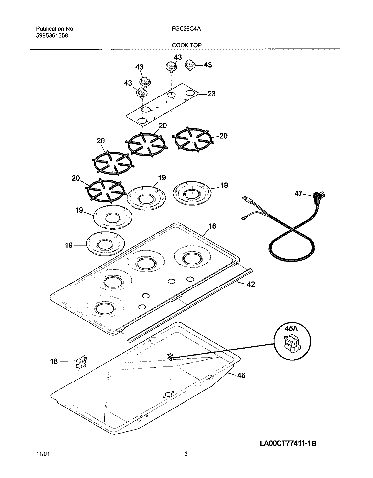 COOKTOP Diagram and Parts List for FGC36C4AWA  Frigidaire Cooktop