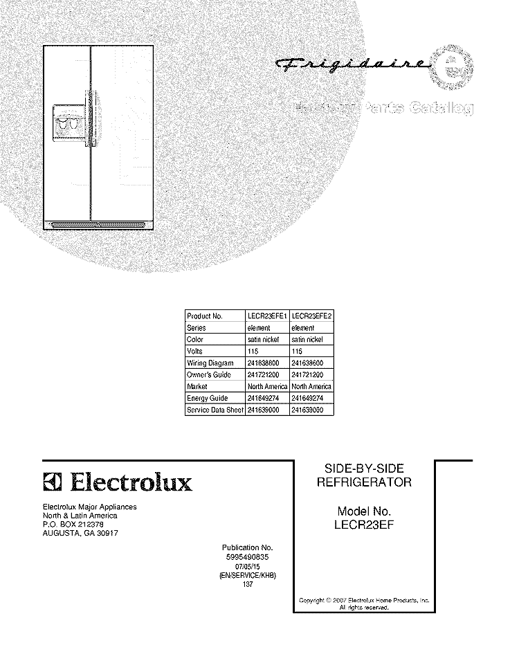 COVER Diagram and Parts List for LECR23EFE1  Frigidaire Refrigerator