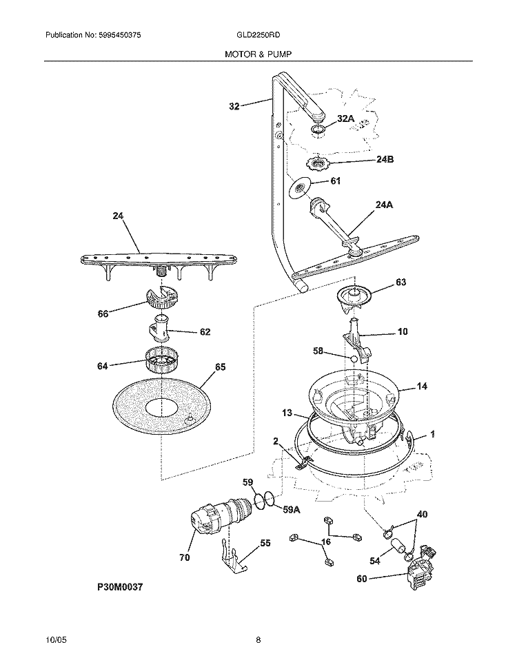 MOTOR & PUMP Diagram and Parts List for GLD2250RDB2  Frigidaire Dishwasher