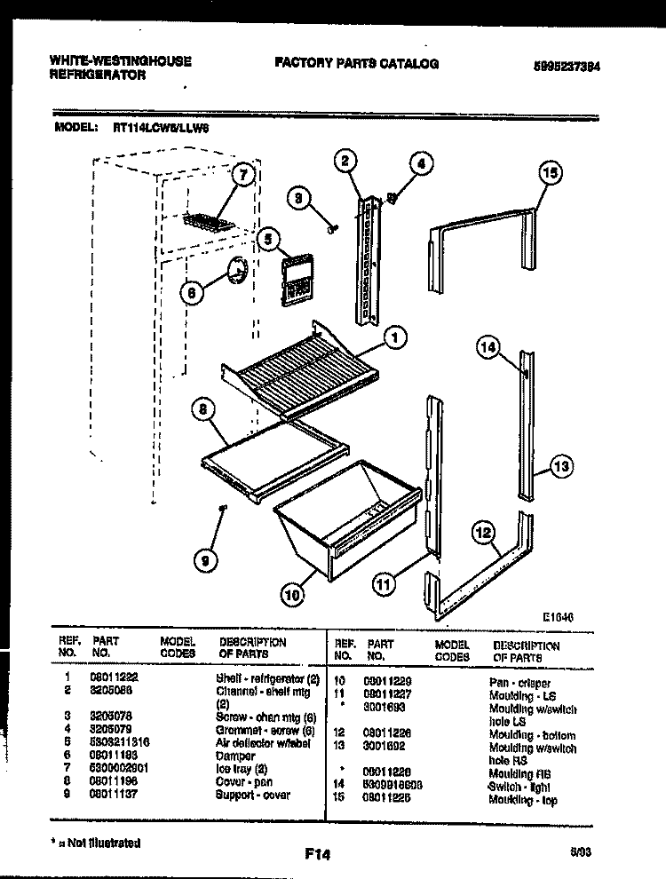 SHELVES AND SUPPORTS Diagram and Parts List for RT114LLW6  Frigidaire Refrigerator