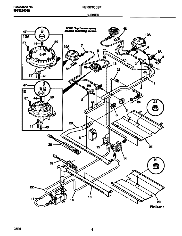 BURNER Diagram and Parts List for FGF374CCSF  Frigidaire Range