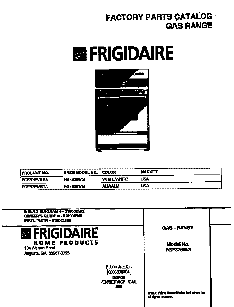 COVER Diagram and Parts List for FGF326WGSA  Frigidaire Range
