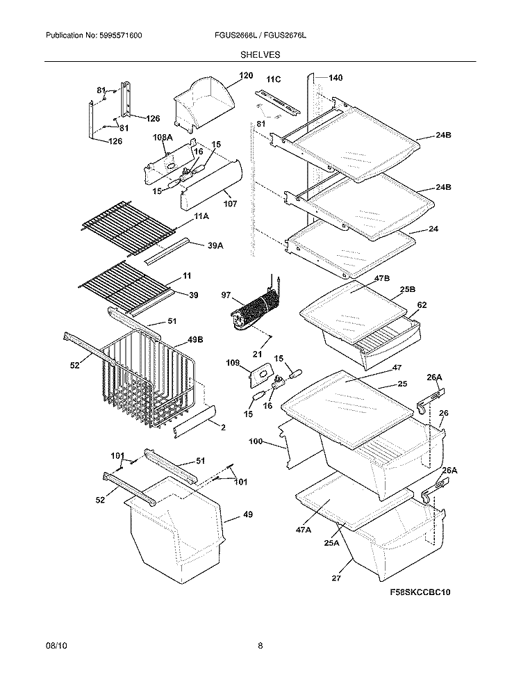 SHELVES Diagram and Parts List for FGUS2666LP0  Frigidaire Refrigerator