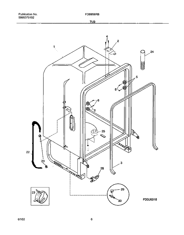TUB Diagram and Parts List for FDB956RBB0  Frigidaire Dishwasher