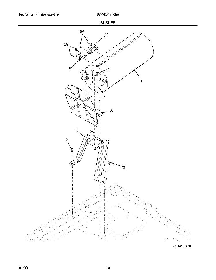 BURNER Diagram and Parts List for FAQE7011KB0  Frigidaire Dryer