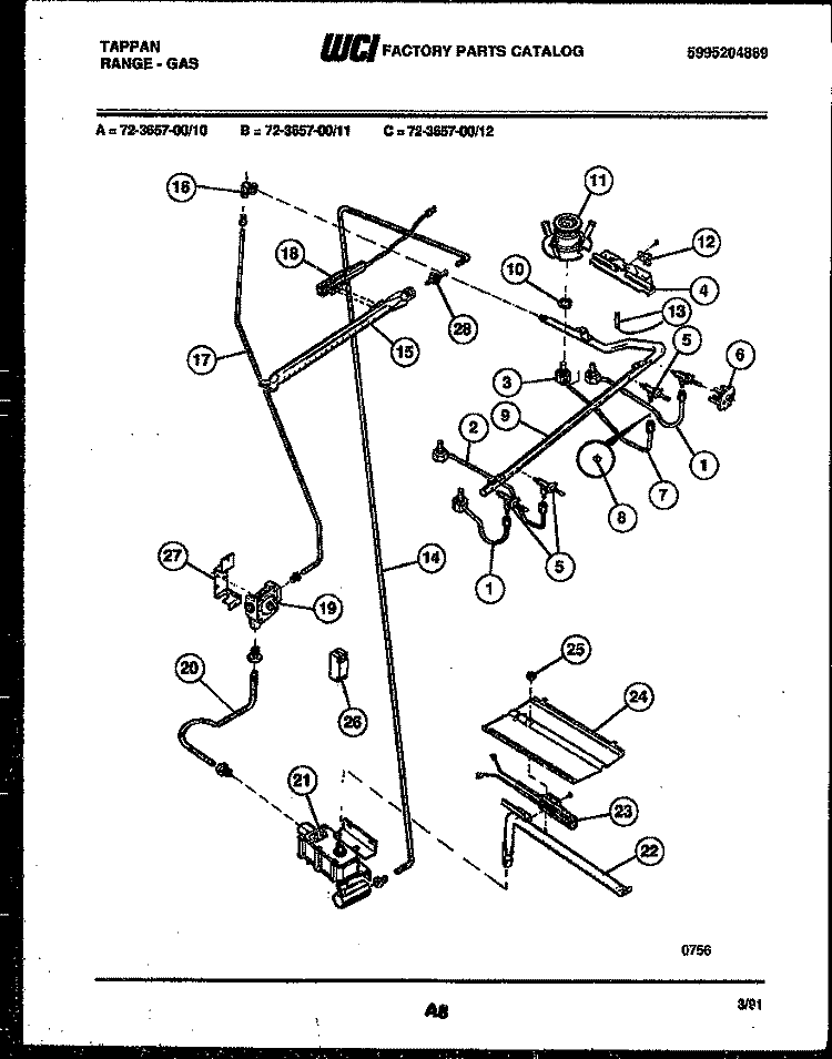 BURNER, MANIFOLD AND GAS CONTROL Diagram and Parts List for 72-3657-00-10  Tappan Range