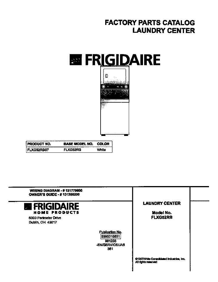 COVER Diagram and Parts List for FLXG52RBS7  Frigidaire Washer Dryer Combo