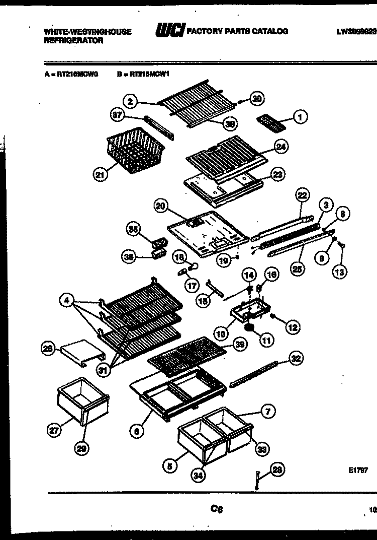 SHELVES AND SUPPORTS Diagram and Parts List for RT216MCV0  Frigidaire Refrigerator