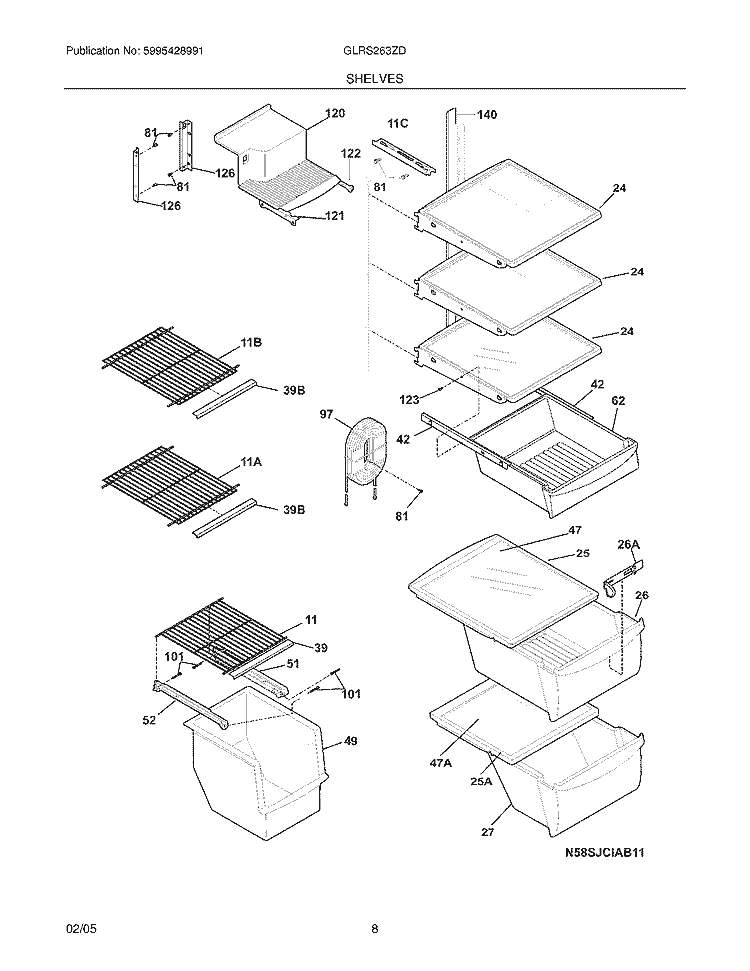 SHELVES Diagram and Parts List for GLRS263ZDW6  Frigidaire Refrigerator